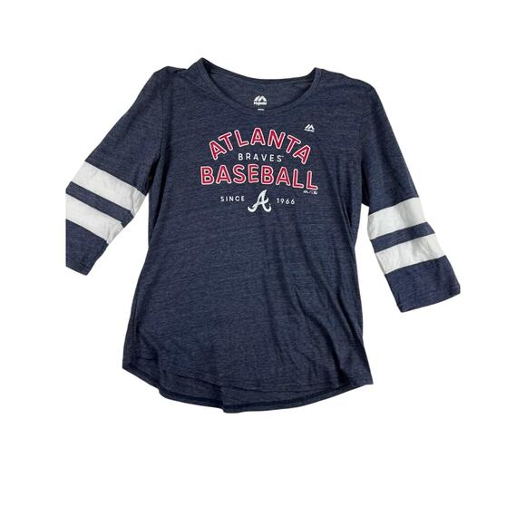 Majestic Atlanta Braves Women's Baseball T-Shirt Large Navy Striped Sleeves - Picture 1 of 7